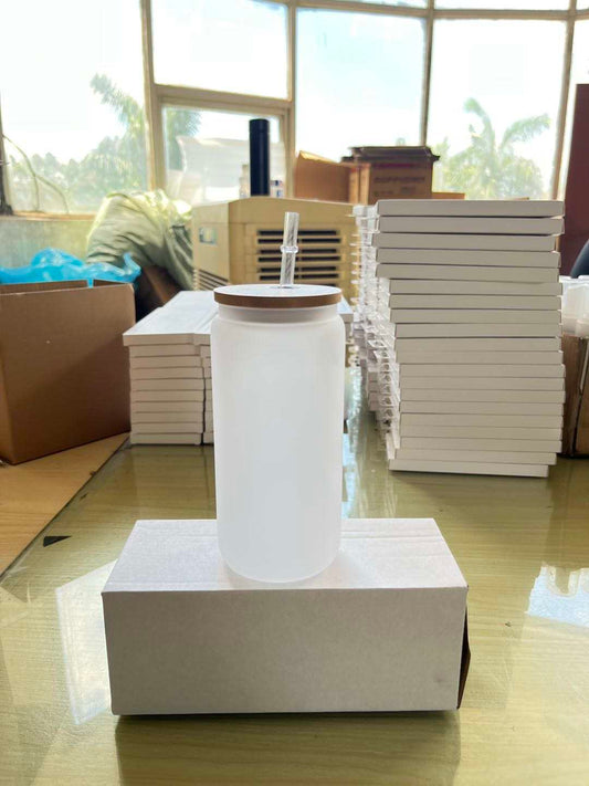 12 oz Frosted Glass Mug with Bamboo Lid & Straw
