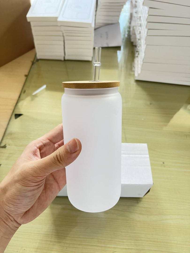 12 oz Frosted Glass Mug with Bamboo Lid & Straw